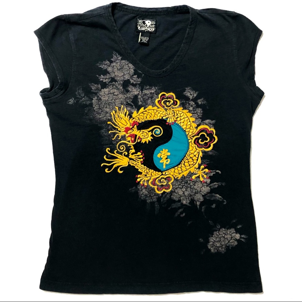 Lucky Brand Tee Vintage Embroidered Dragon Black With Cap Sleeve Size Large